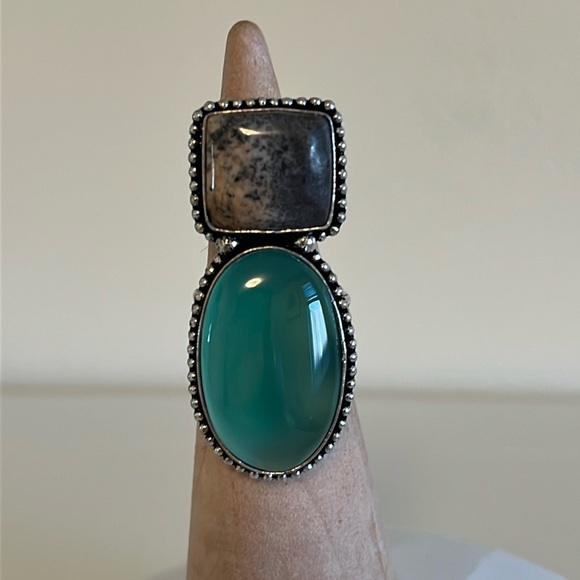 Hand Crafted Jewelry - DOUBLE GEMSTONE RING SILVER OVERLAY SIZE 6.5-6.75